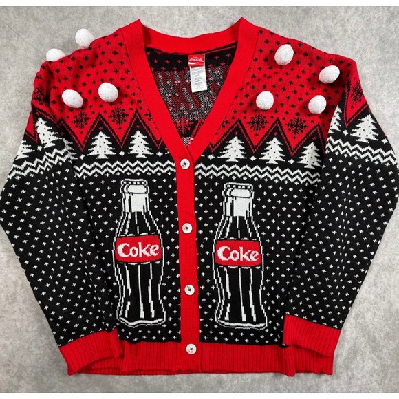 Coca-Cola Sweaters - Coca Cola Womens XL Cardigan Sweater Polar Bears Coke Bottles Christmas Pom Pom